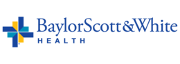 Logo's text reads "Baylor Scott & White" with "Health" below and a block style "compass" "cross" with two different shades of blue and one yellow.