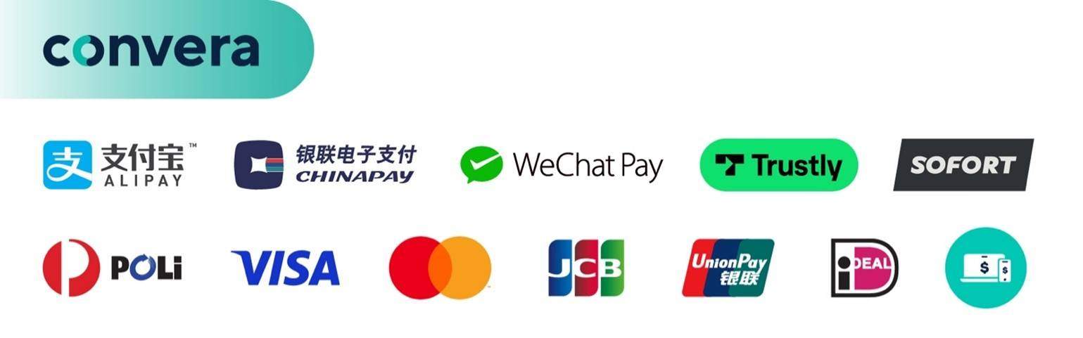 A list of Convera payment partners including Alipay, Chinapay, WeChat Pay, Trustly, Sofort, Poli, Visa, Mastercard, JCB, UnionPay, and iDeal