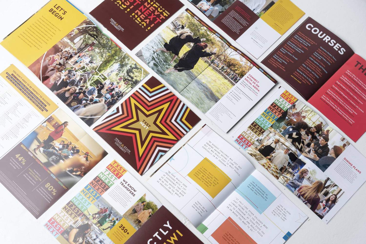 The Undergraduate Admissions print stream is laid out together, open to spreads that show off vibrant photography and bright splashes of color.