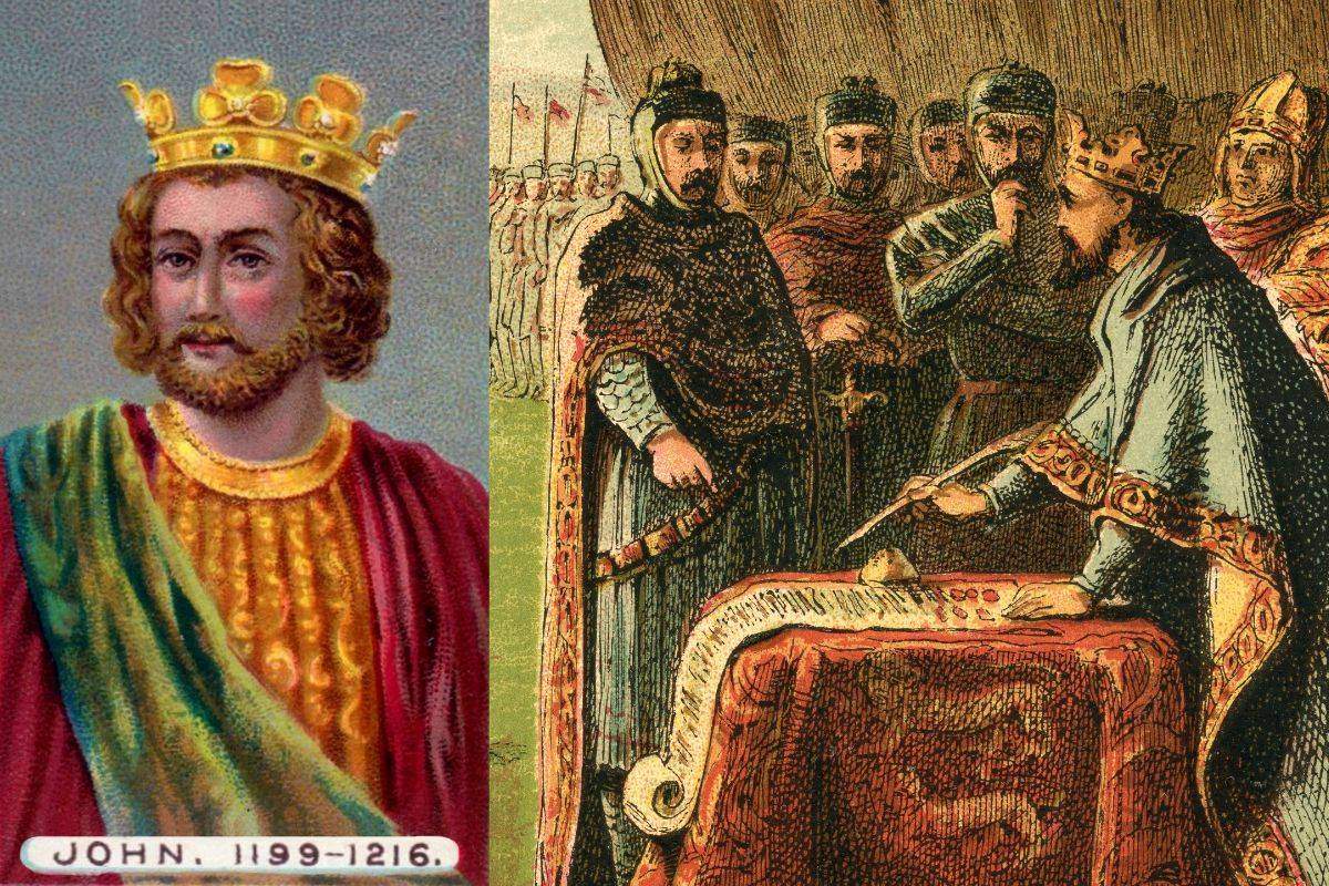 (Left) King John portrait, card from Wills’s Cigarettes Kings and Queens series (1902); (Right) King John signs the Magna Carta, chromolith from Pictures of English History (Both from the collection of Donald Olson)