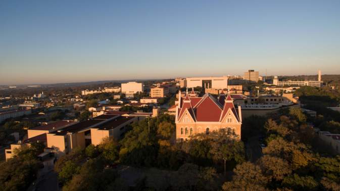 arial view of Texas State University in San Marcos