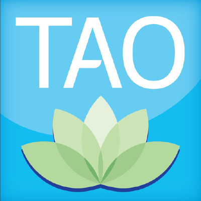 Letters "TAO" spelt out above a flowering green plant over a blue background.
