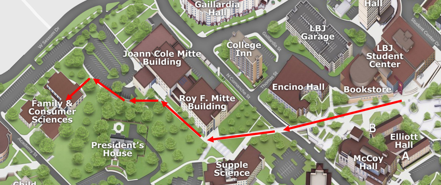 Map to Family Consumer Science Building from LBJ Student Center