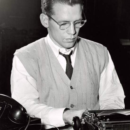 Bill Hobby at the typewriter during his college days at Rice University