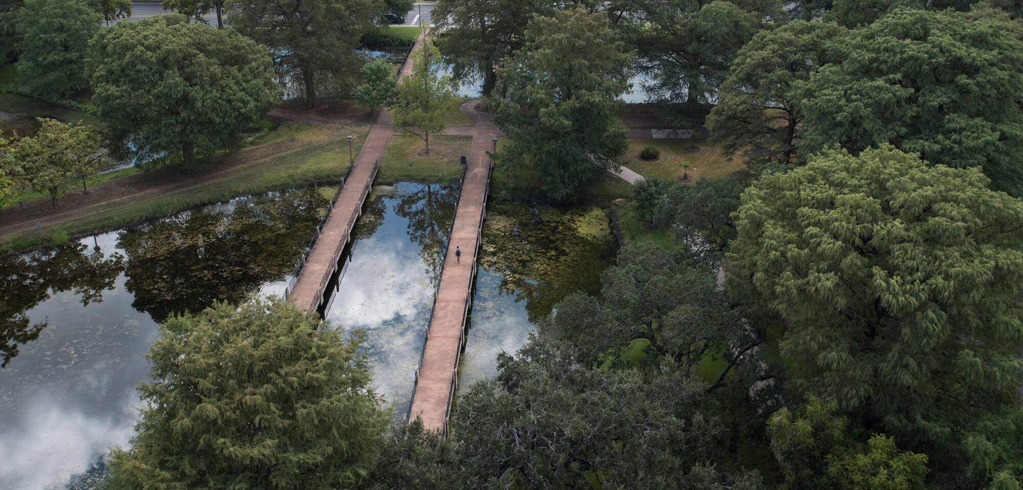 Two walkway bridges over pond surrounded by greenery