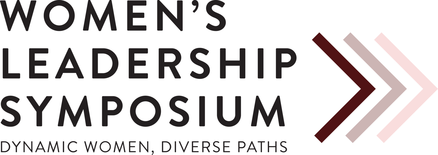 Wordmark with text "Women's Leadership Symposium Dynamic Women, Diverse Paths" and three arrows