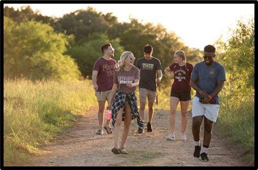 Group of students walking outdoors on sunlight path.
