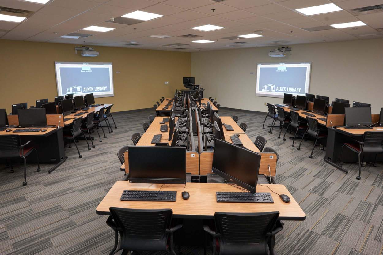 classroom with computer workstations