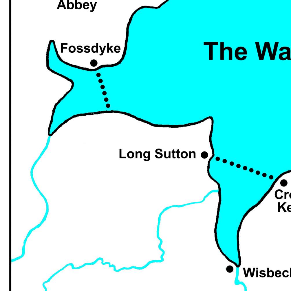 The Wash, a large bay and estuary on the east coast of England, reached at high tide to the extent indicated by the blue color. The journey by King John and his baggage train from Lynn to Swineshead Abbey could have taken a longer route that led south along the banks of The Wash, passed through the town of Wisbech, and then headed back north. Instead, they decided to attempt a shortcut known as the Wash Way, passable across the sands at low tide. This route included two sections, both marked here by dotted lines. Most scholars place King John’s disaster in the section near Cross Keys, with a few authors preferring a location closer to Fossdyke. This map of The Wash in the time of King John can only be approximate, because natural silting and man-made embankments have greatly altered the coastline since the 13th century.