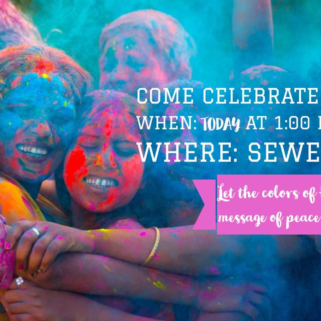 2018 flyer advertising the Holi event. Lists information with an image of people throwing color powder paint in the background.