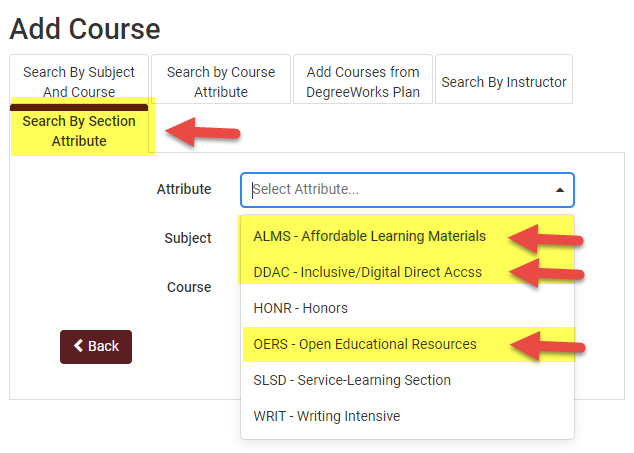 Add Course View - Search by Section Attribute