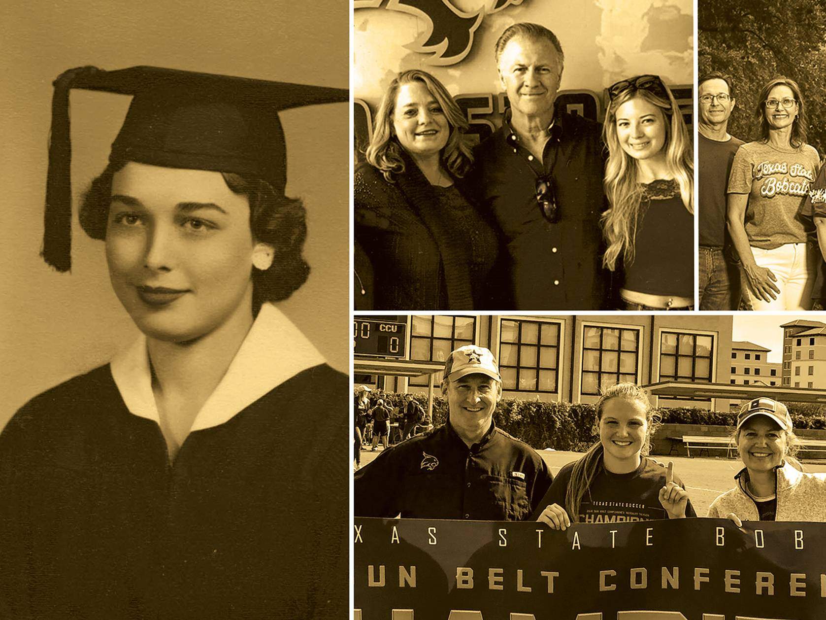 composite sepia photo of families and graduates