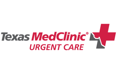 Texas MedClinic Logo accompanied by the word "Urgent Care" to depict the clinic type. There is a cross with a cut out color to depict the shape of the state of Texas.