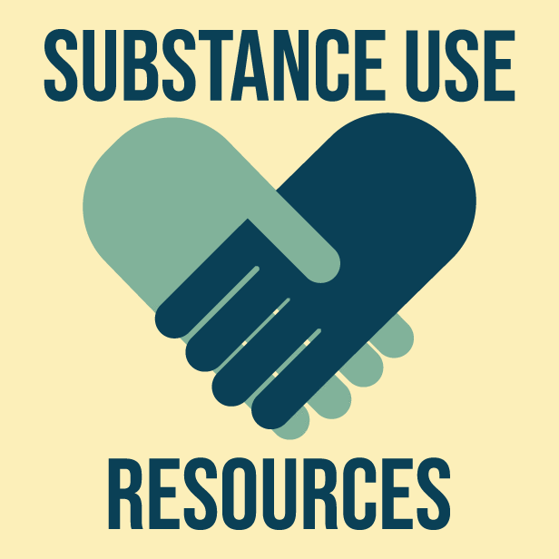 Shaking hands in shape of heart with "Substance Use Resources" text.