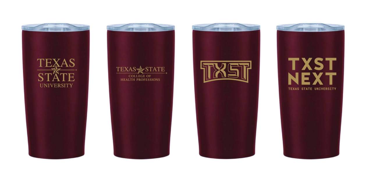 Four tumblers with the Primary Texas State University logo, an Academic and Administrative logo, the TXST logo, and the TXST NEXT campaign logo.