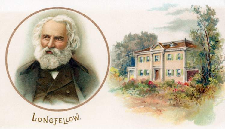 The familiar visage of the older Longfellow appears on this vintage postcard, along with a view of the Craigie House (now the Longfellow National Historic Site), where the poet took up residence in August 1837 and remained for the rest of his life. (Collection of Donald Olson)