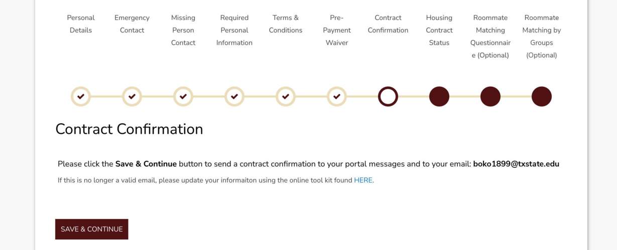 Screenshot of Contract Confirmation page in the Housing Portal.