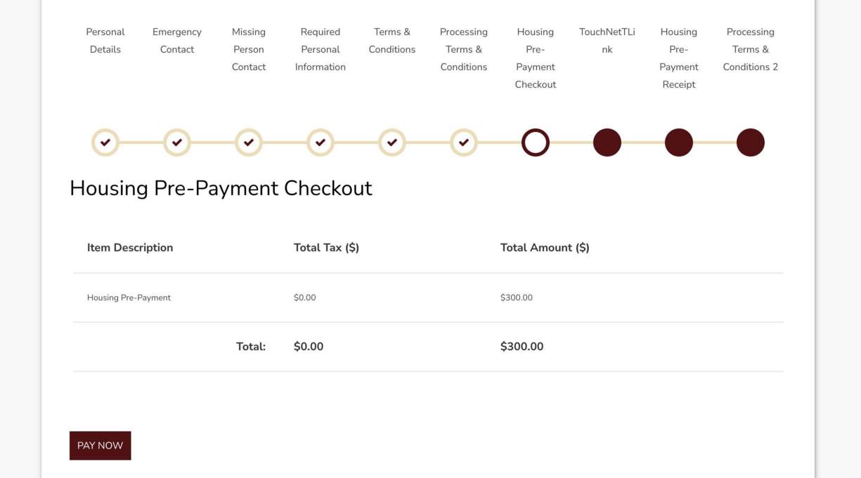 Screenshot of Housing Pre-Payment Checkout page in the Housing Portal.