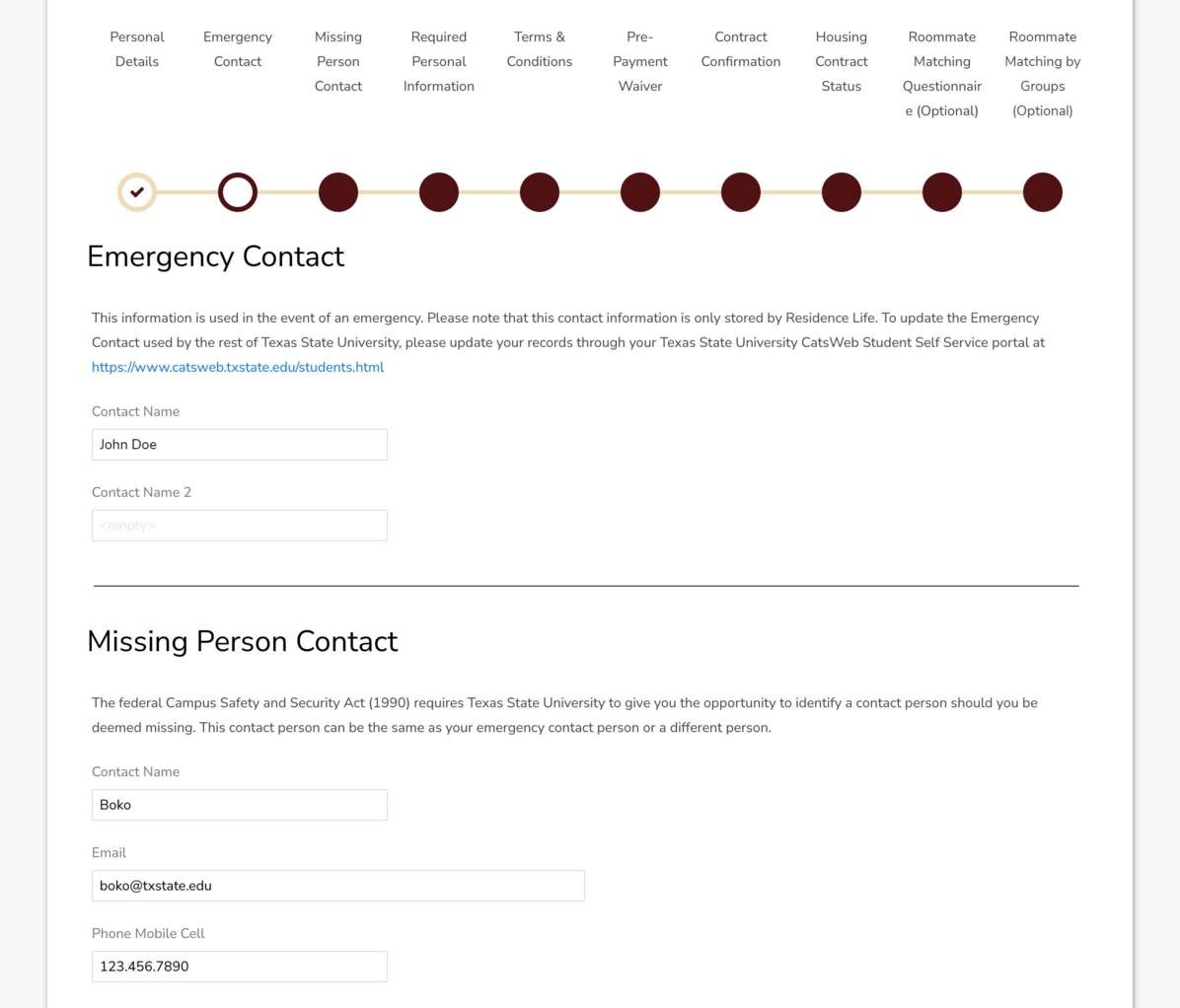 Screenshot of Emergency Contact page and Missing Person Contact page in the Housing Portal.