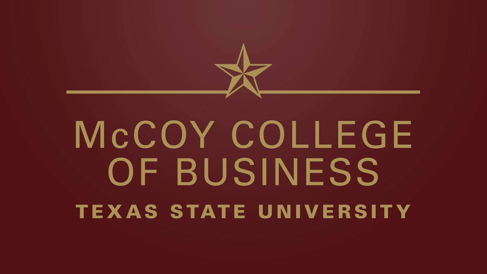 McCoy College of Business logo in gold on maroon background