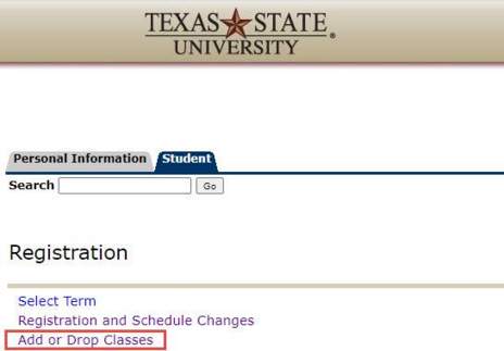 Image of Registration and Schedule Changes link in Texas State Self Service