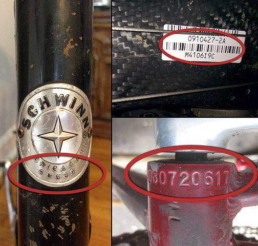 Various locations of bicycle serial numbers