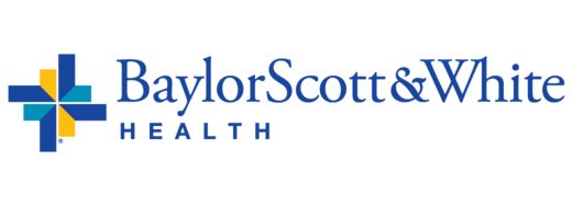 Logo's text reads "Baylor Scott & White" with "Health" below and a block style "compass" "cross" with two different shades of blue and one yellow.