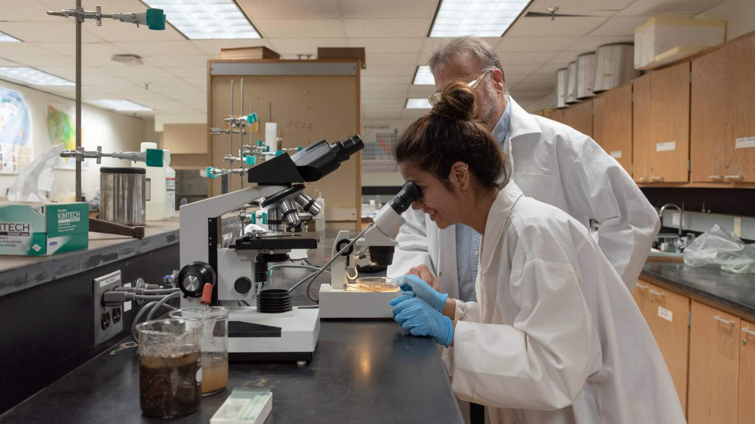 student and faculty member in lab working with microscope