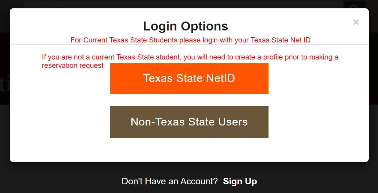 A view of the login options