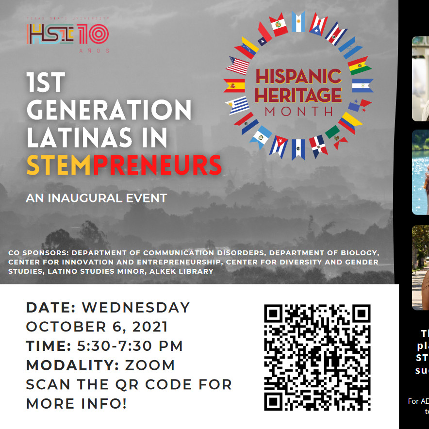 Poster for event with time, date, and pictures and names of speakers: Keila E. Torres, M.D., Ph.D., FACS, Melissa Alanis, M.S., CCC-SLP, Samantah Huerta, Elsa Gonzales, Ph.D., Dora Menchaca, Ph.D., and co-chairs: Maria Resendiz, Ph.D., CCC-SLP, Michaela Vargas, Ph.D.