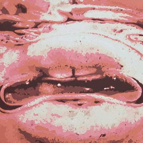 Student work: close-up of a mouth in pinks and reds with an image of tanks below it