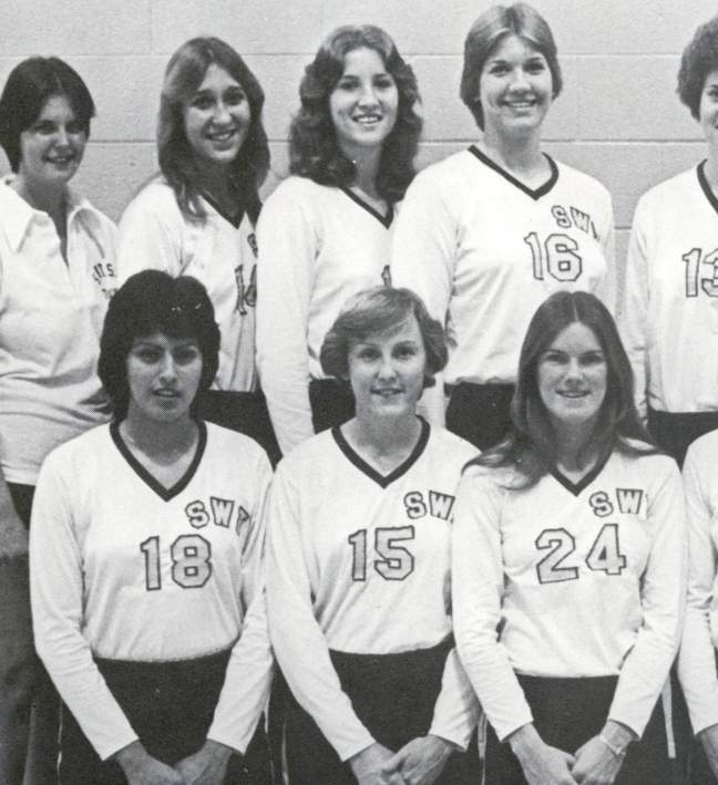 black and white photo from yearbook of women athletes