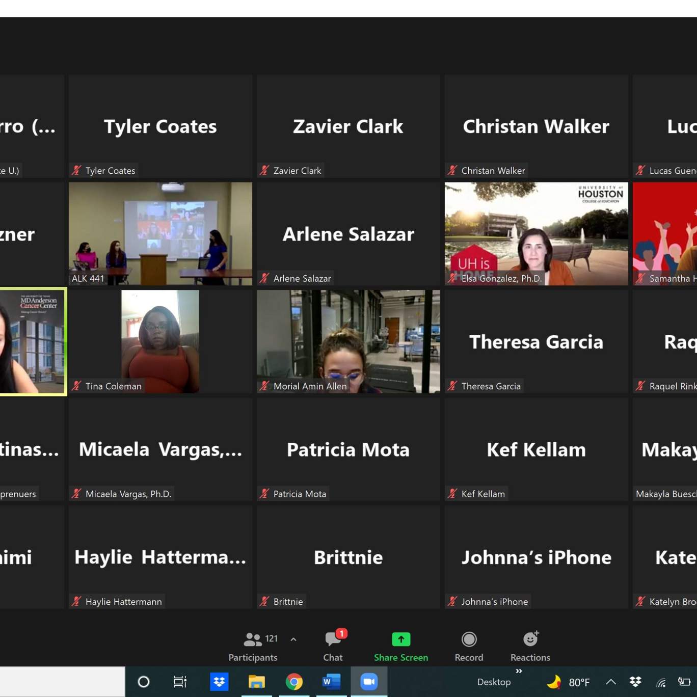 Zoom window with 17 blank thumbnails with names, five thumbnails with women, and one thumbnail showing three women around a podium with a Zoom session projected behind them