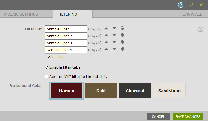 The filtering tab is shown with example filters entered.