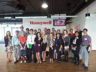 Students posing in front of Honeywell, Czech Republic