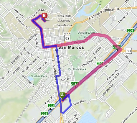 overview map of route from hotel to LBJ garage