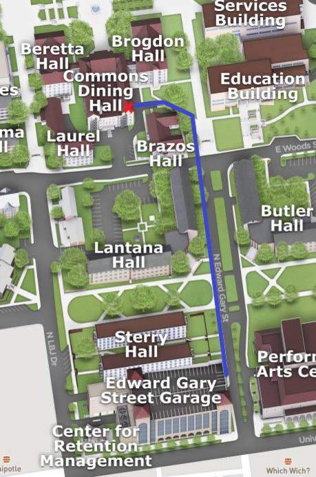 Map from Edward Gary Street Garage to Commons Dining Hall