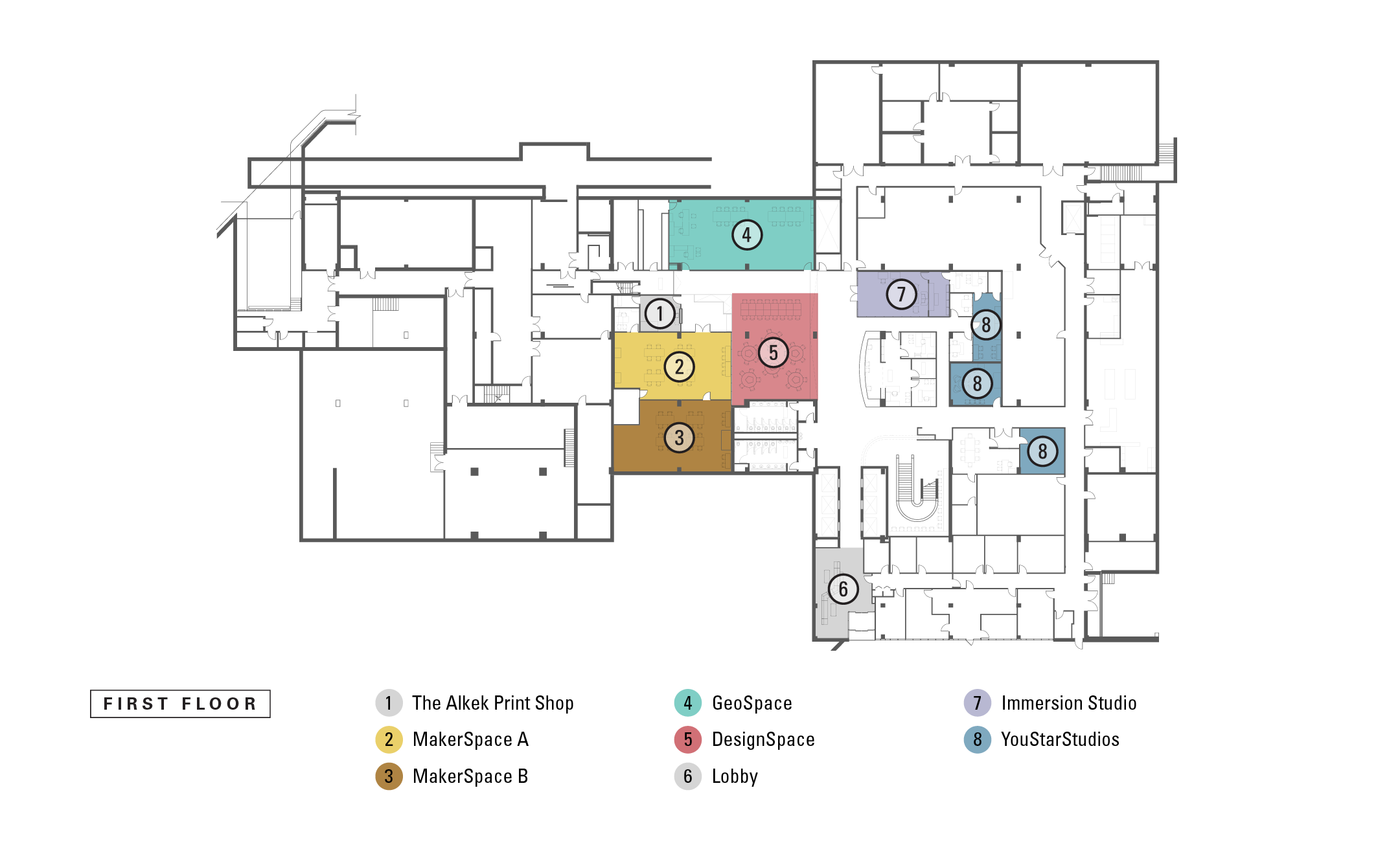 Map of first floor with colored spaces that correspond to numbered descriptions