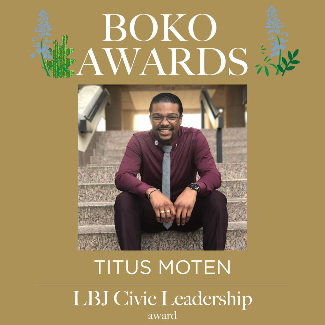 Picture of text displaying that Titus Moten won the LBJ Civic Leadership award.
