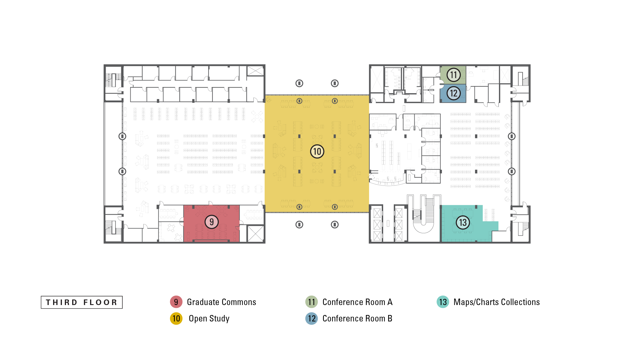 Floorplan of 3rd floor with highlighted spaces that correspond to numbered descriptions
