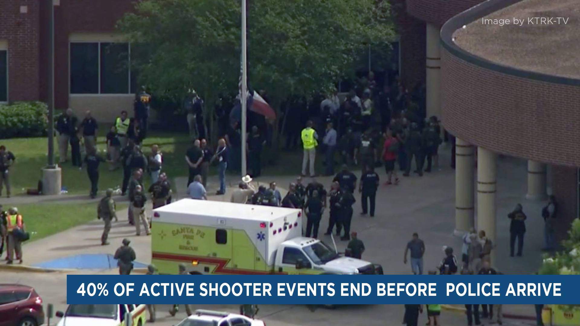 40% of active shooter events end before police arrive - image of school with police outside