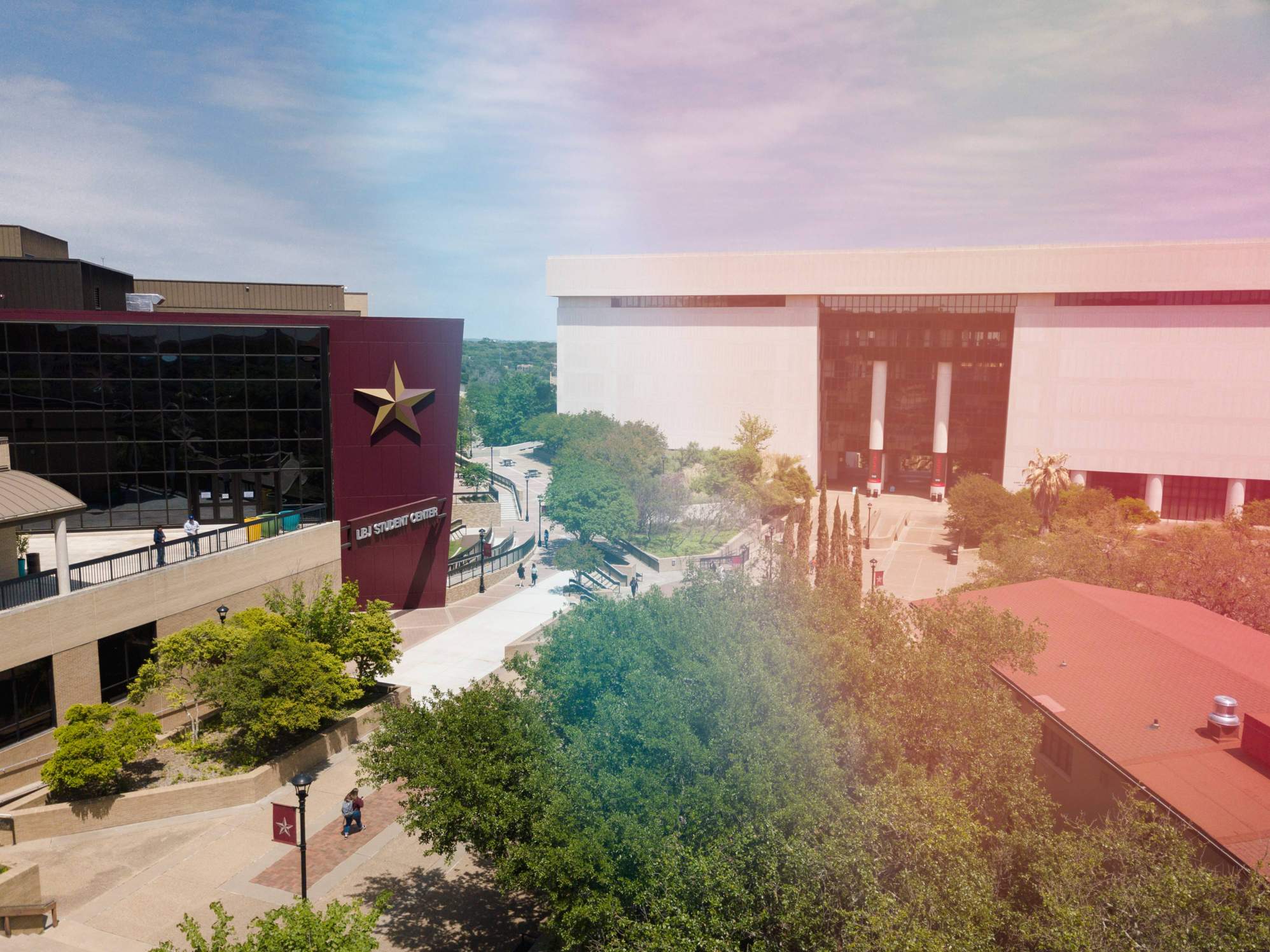 Photo of Campus with the LBJ Student Center and Alkek Library