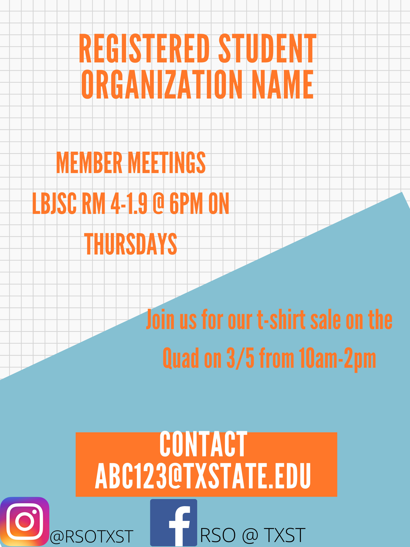 An exmaple of a registered student organization poster. It includes the org name, date and times for two events, as well as a contact email and social media handles