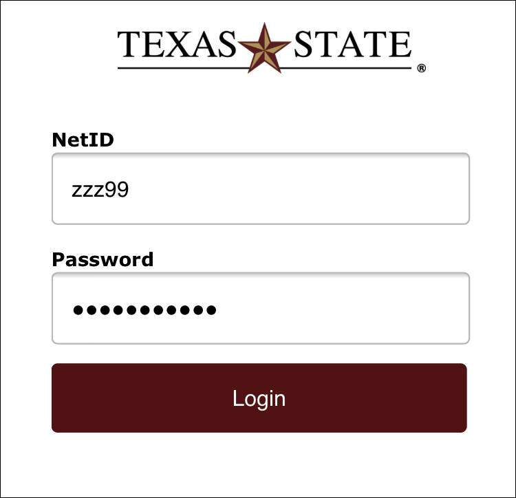 Texas State login screen