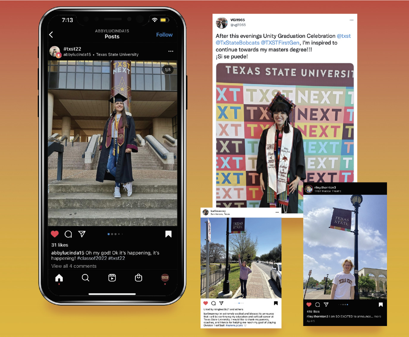 Social media posts from Bobcats who took photos of themselves in front of TXST Next banners and backdrops around campus.