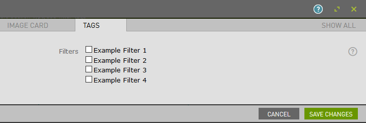 A card's tags settings are shown with available filter selections.