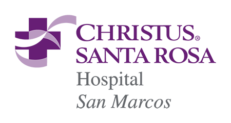 Text reads "CHRISTUS Santa Rosa Hospital San Marcos" accompanied with a purple cross with light purple ribbons on it.