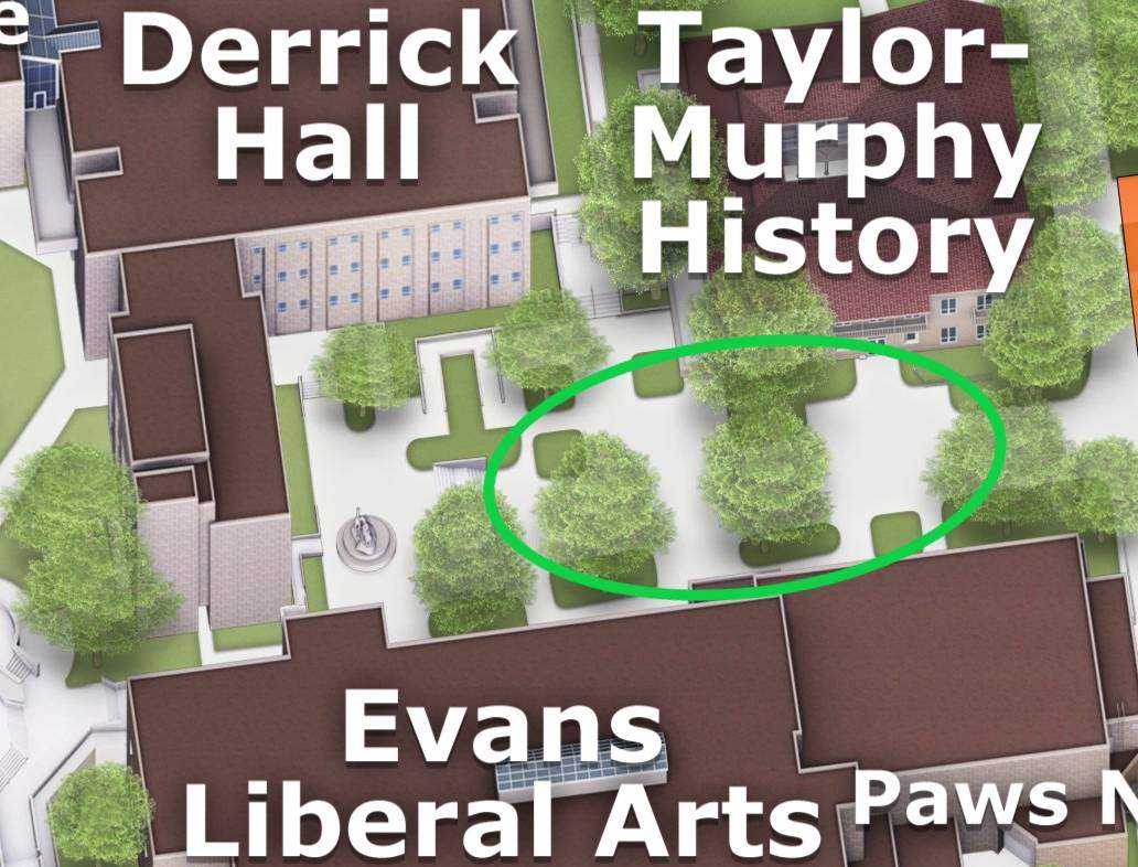 Map screenshot of the Quad with tabling spaces highlighted by the green circle