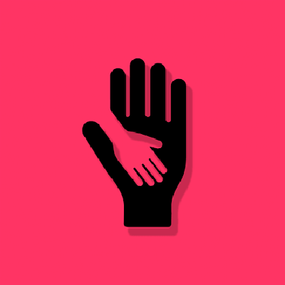 Hand silhouette with a small hand above it over a light red background.