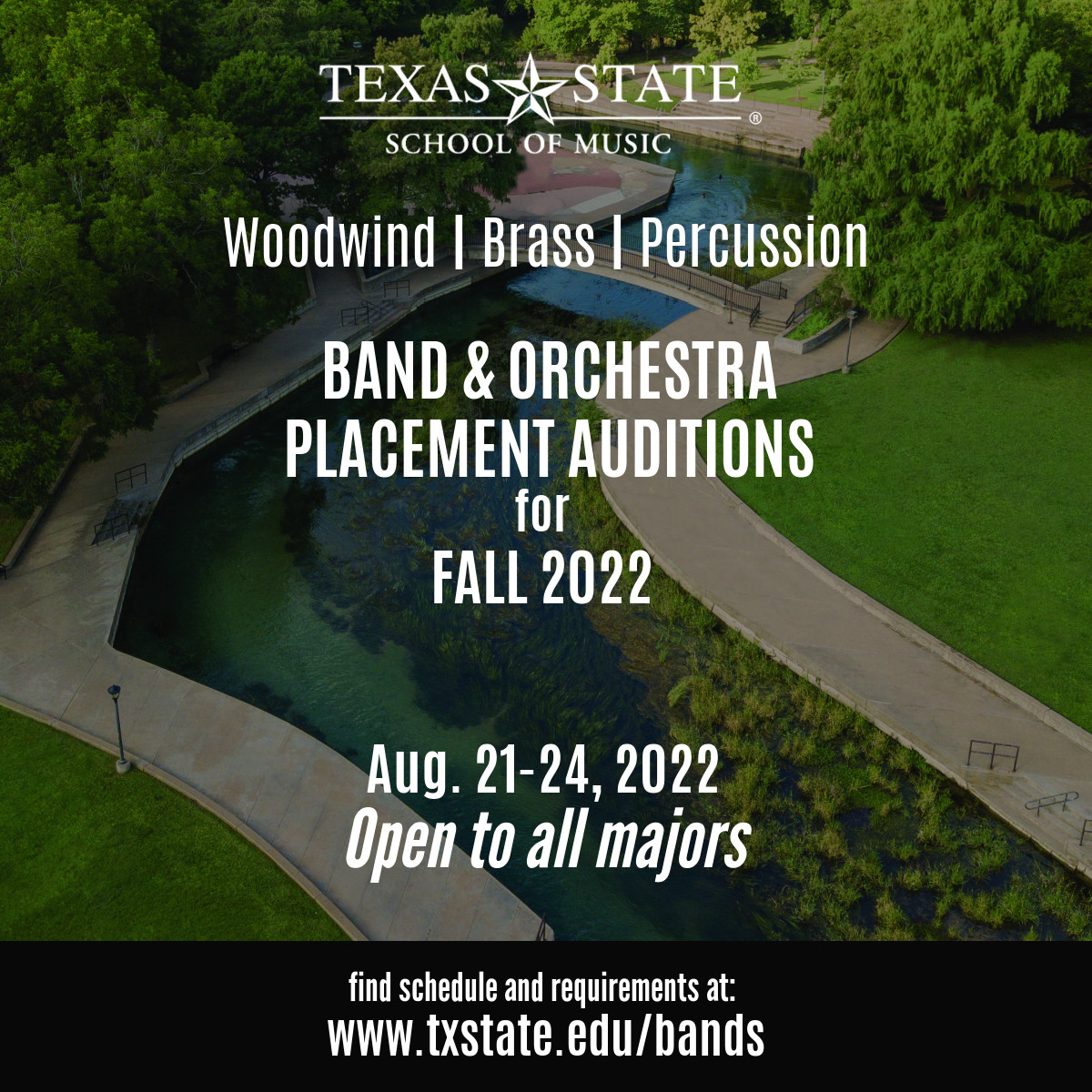 Concert Audition Placement information over image of San Marcos River